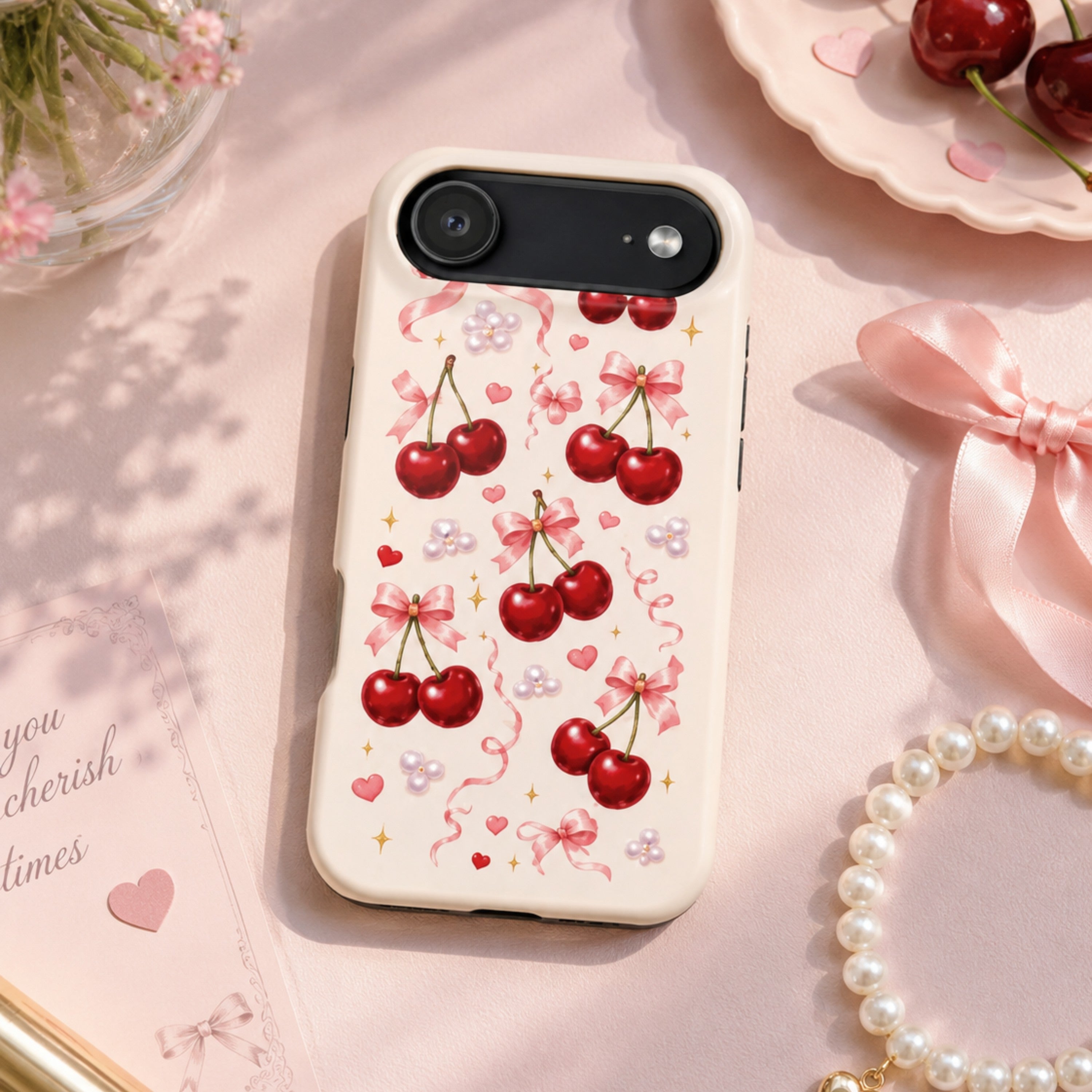 Vintage Cherry Pink Bow MagSafe iPhone Case