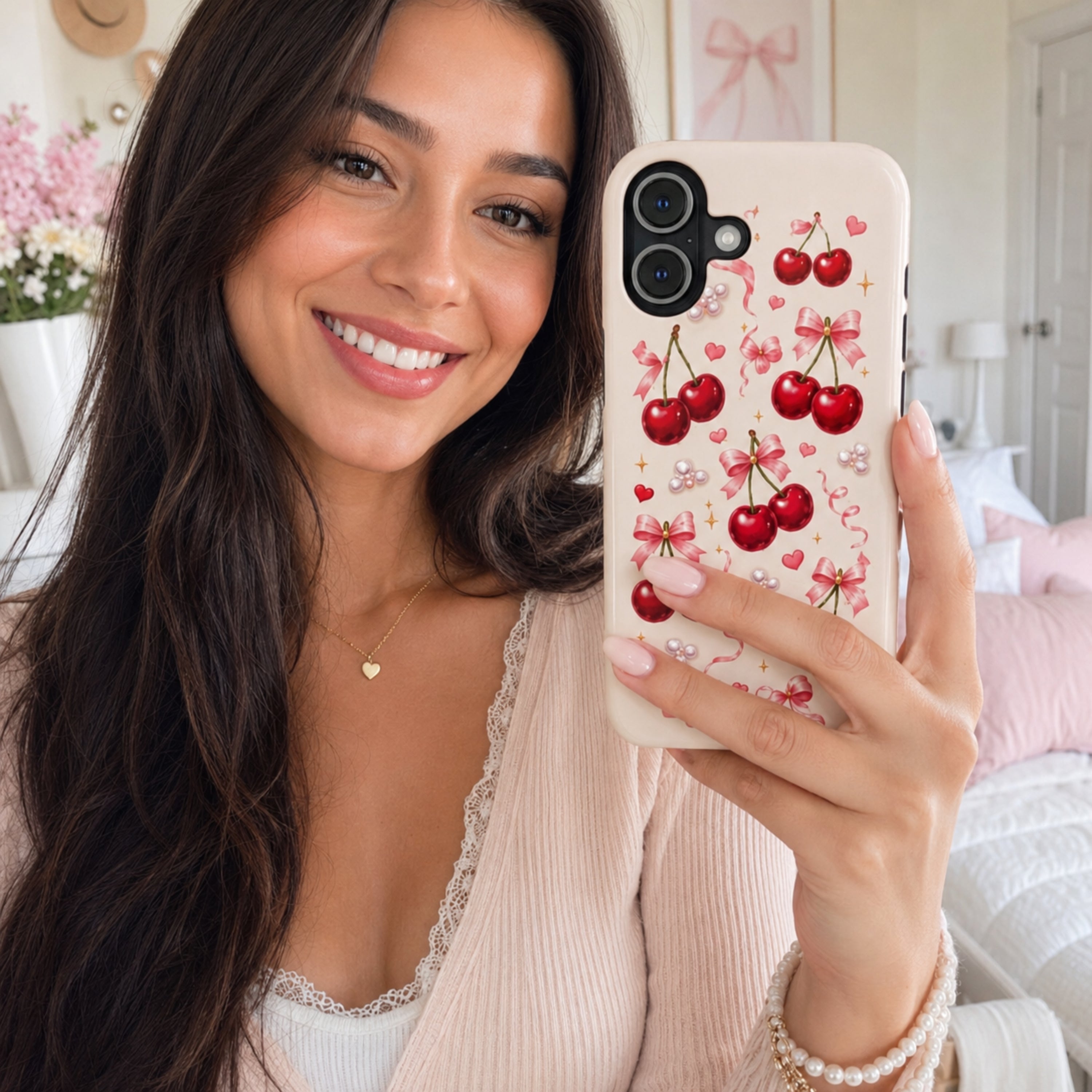 Vintage Cherry Pink Bow MagSafe iPhone Case