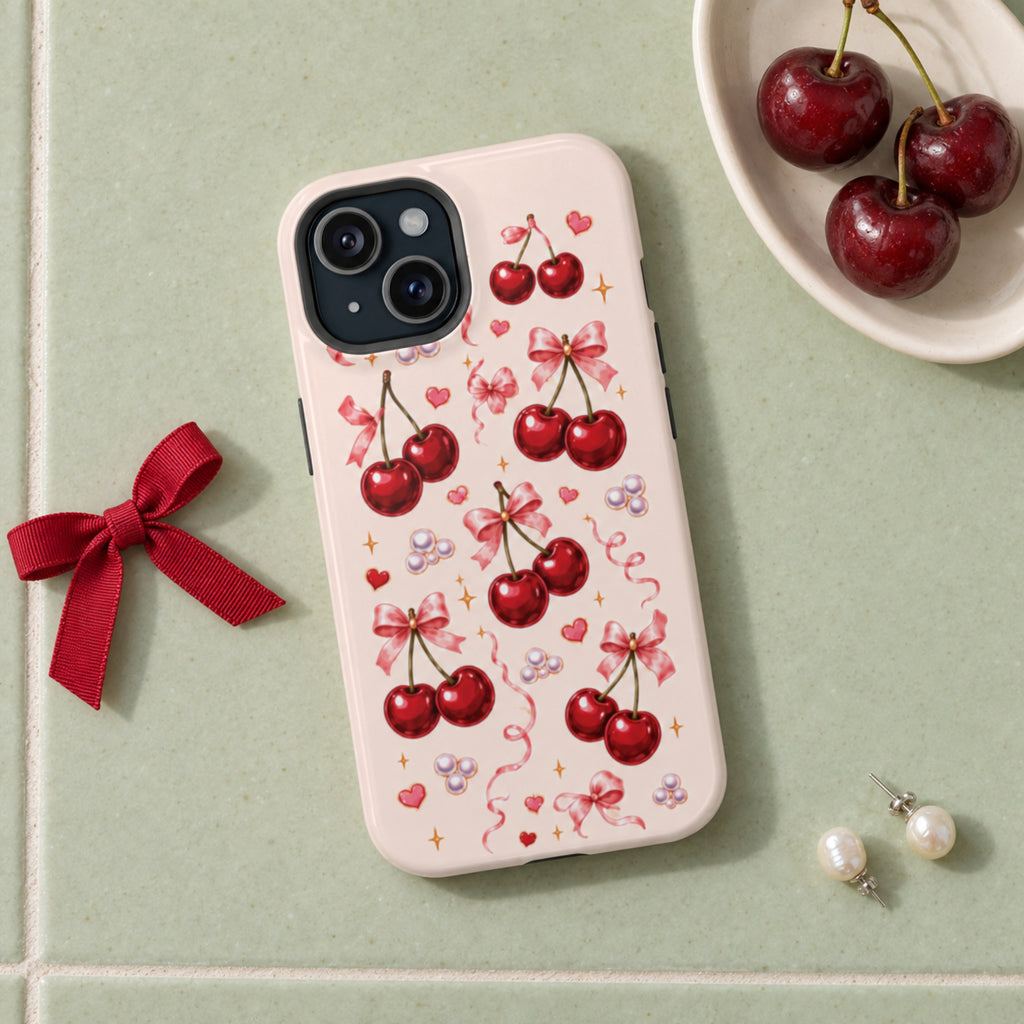 Vintage Cherry Pink Bow Tough Protective Case