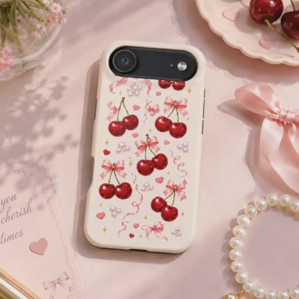 Vintage Cherry Pink Bow MagSafe iPhone Case
