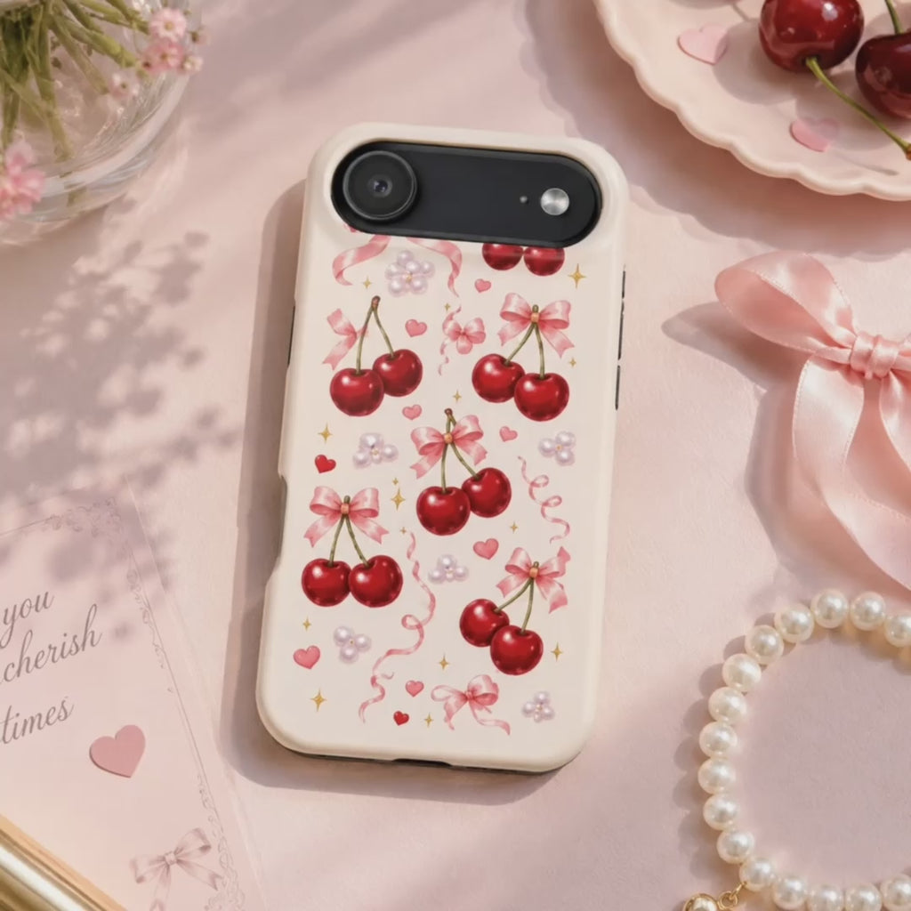 Vintage Cherry Pink Bow Tough iPhone Case